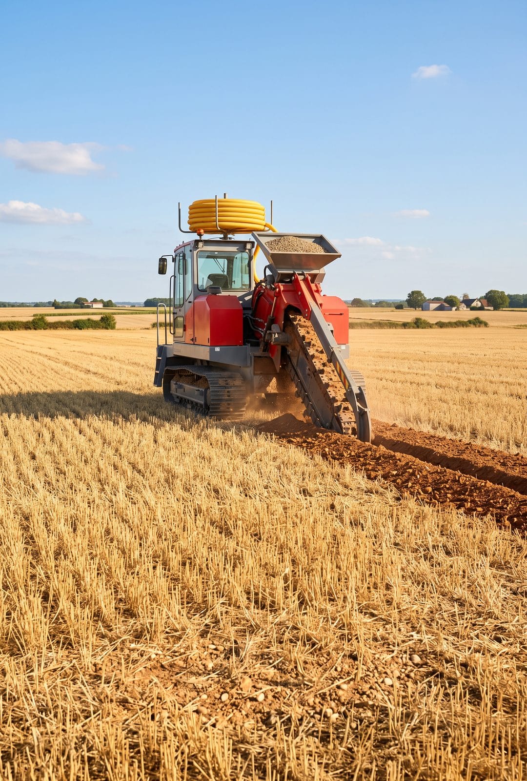 Pelle sur pneus ouvrant une tranchée de drainage dans une parcelle de céréales, drain perforé posé le long de la tranchée
