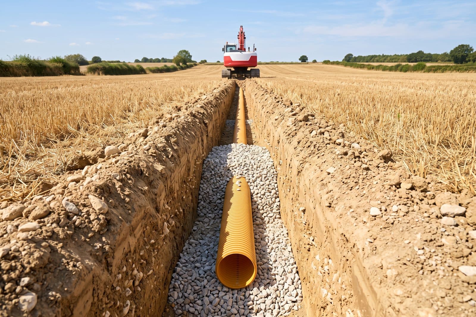 Drain agricole annelé posé sur lit de gravier au fond d'une tranchée ouverte dans une parcelle de céréales